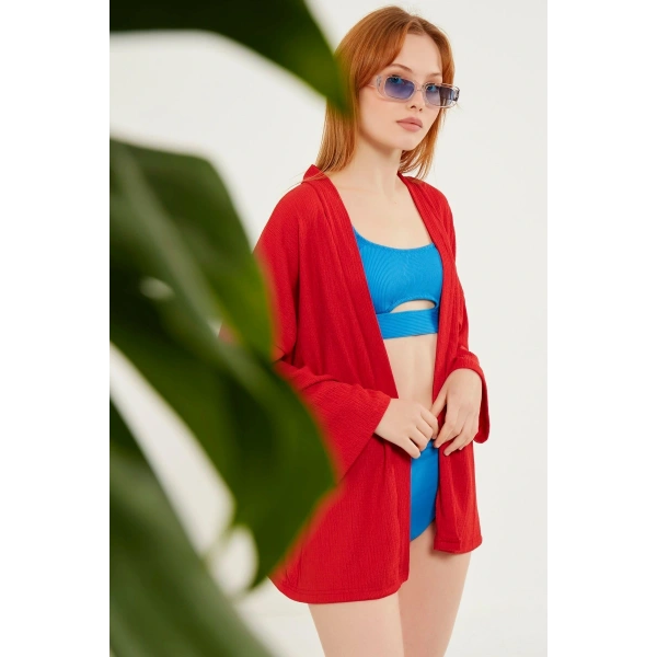 Kadın Kırmızı Katlı Yaka Boyfriend Örme Ceket