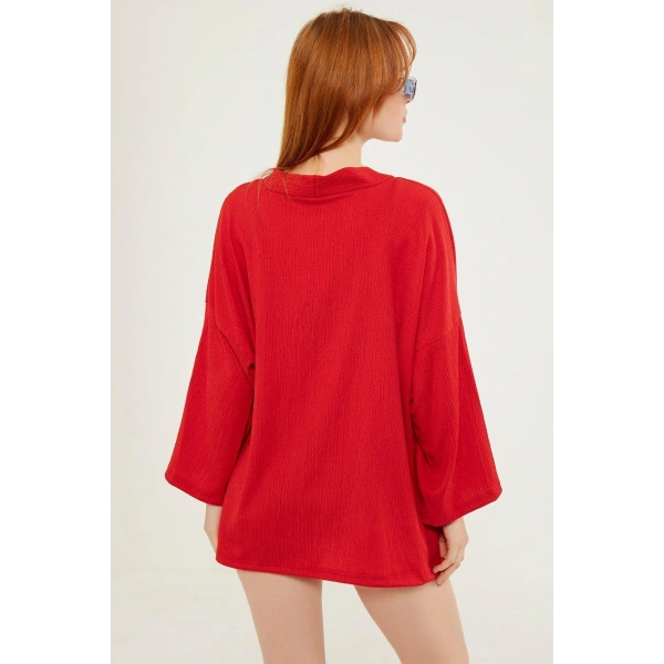 Kadın Kırmızı Katlı Yaka Boyfriend Örme Ceket