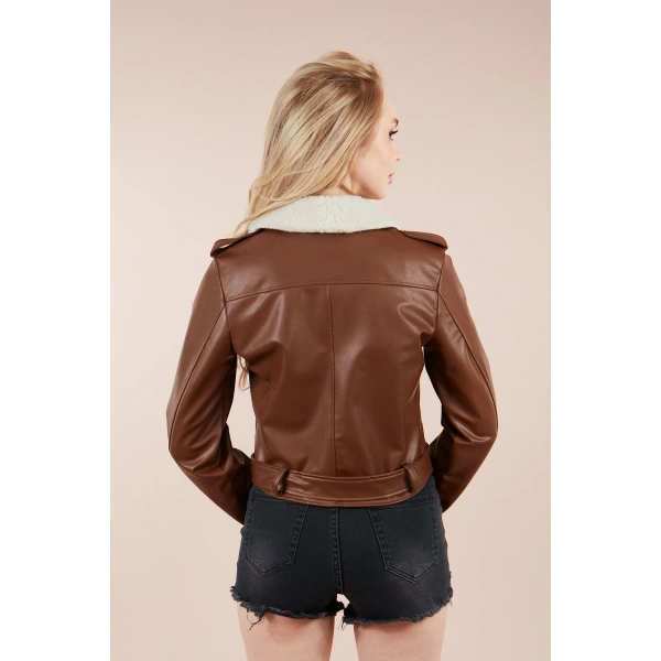 Kadın Kahve Yaka Kürklü Deri Ceket