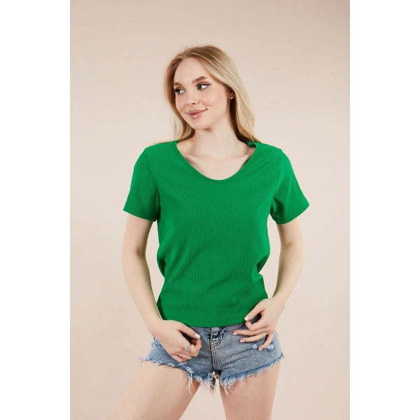 Kadın Koyu Yeşil U Yaka Bürümcük Bluz