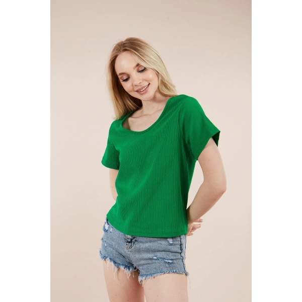 Kadın Koyu Yeşil U Yaka Bürümcük Bluz