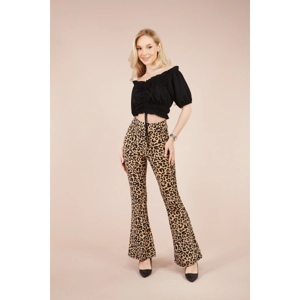 Kadın Leopar Desenli Ispanyol Paça Pantolon