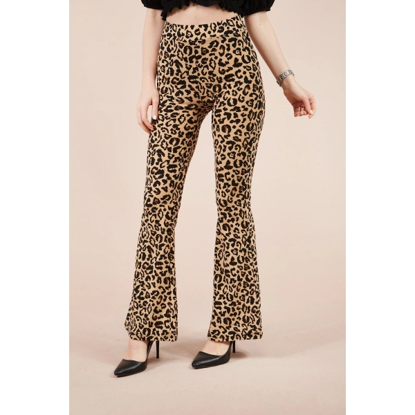 Kadın Leopar Desenli Ispanyol Paça Pantolon