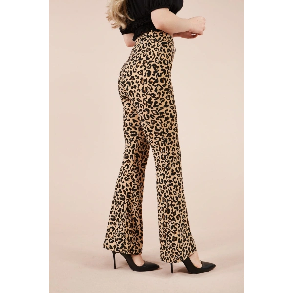 Kadın Leopar Desenli Ispanyol Paça Pantolon