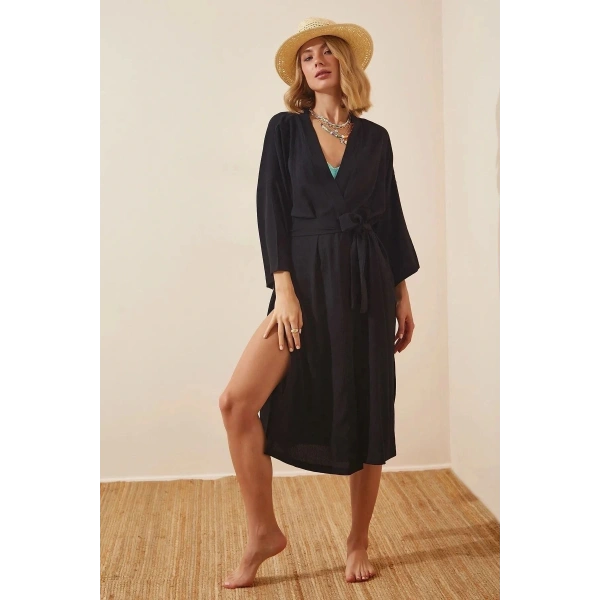 Kadın Siyah Kuşaklı Krinkıl Viskon Kimono