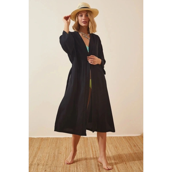 Kadın Siyah Kuşaklı Krinkıl Viskon Kimono