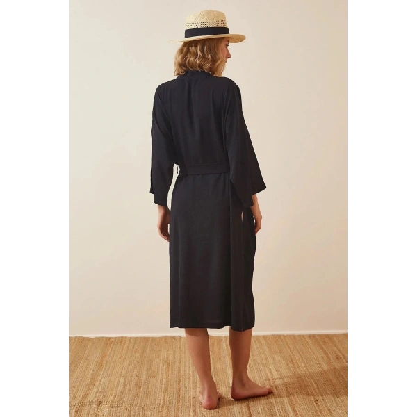 Kadın Siyah Kuşaklı Krinkıl Viskon Kimono