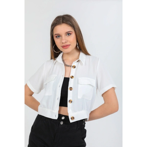 Kadın Beyaz Cepli Kısa Kollu Yazlık Keten Viskon Ceket