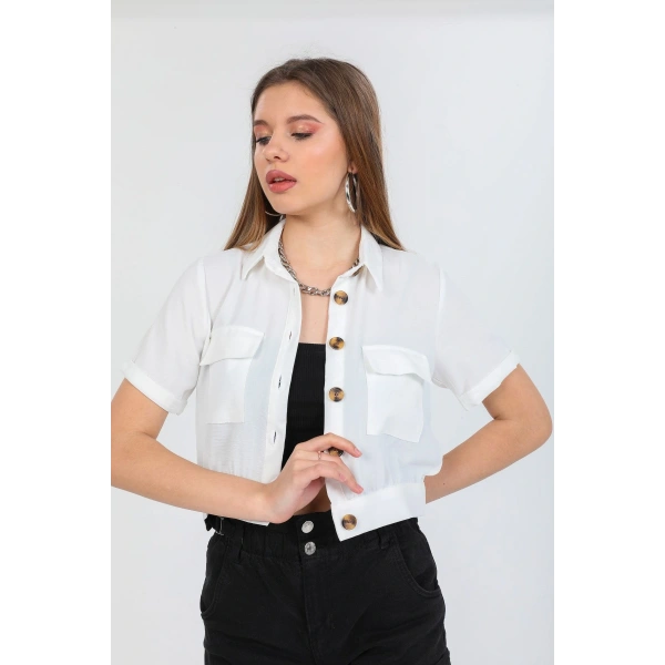 Kadın Beyaz Cepli Kısa Kollu Yazlık Keten Viskon Ceket