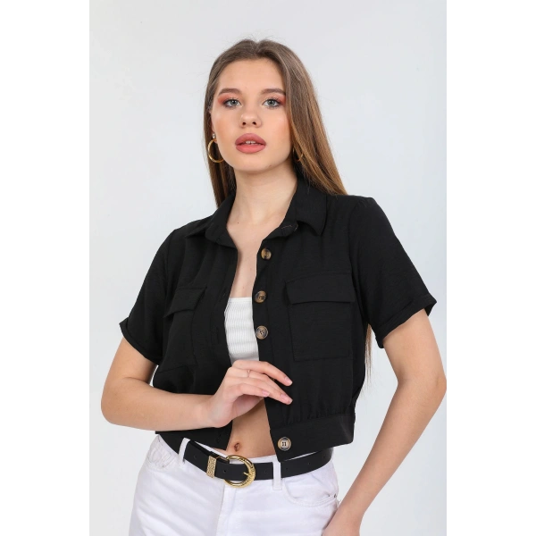 Kadın Siyah Cepli Kısa Kollu Yazlık Ceket