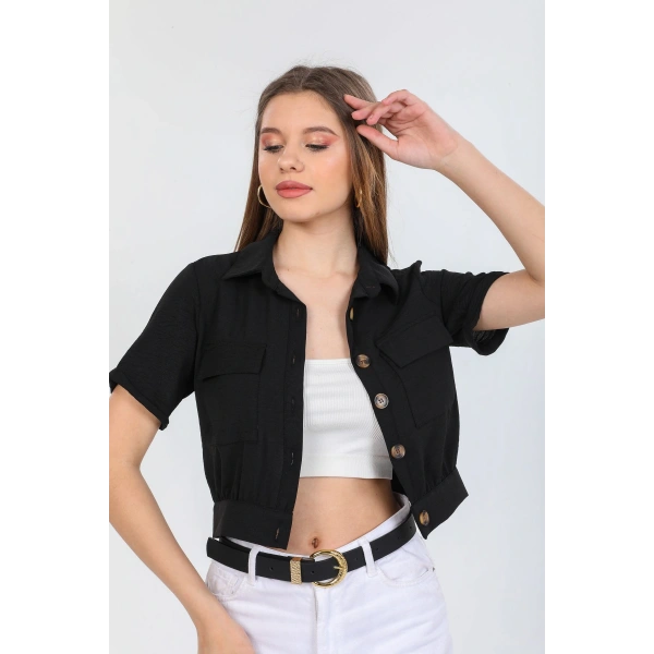 Kadın Siyah Cepli Kısa Kollu Yazlık Ceket