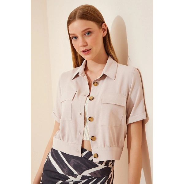 Kadın Krem Cepli Kısa Kollu Yazlık Ceket