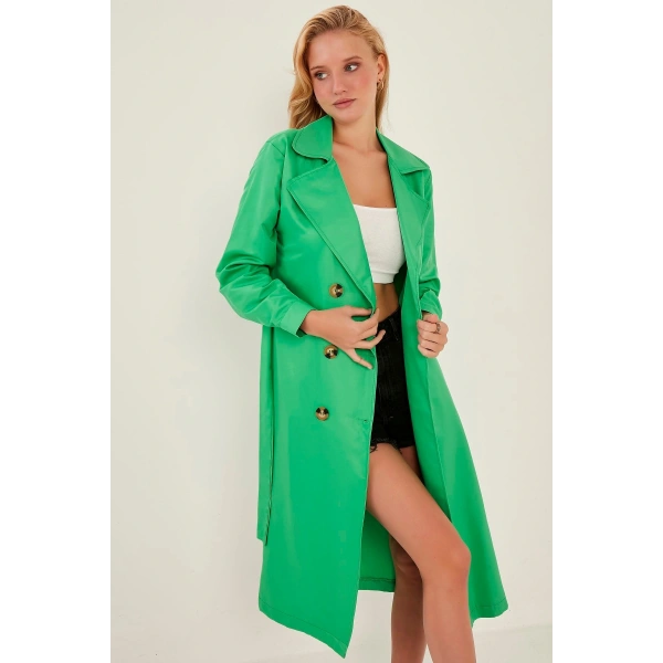 Kadın Yeşil Kruvaze Yaka Trençkot