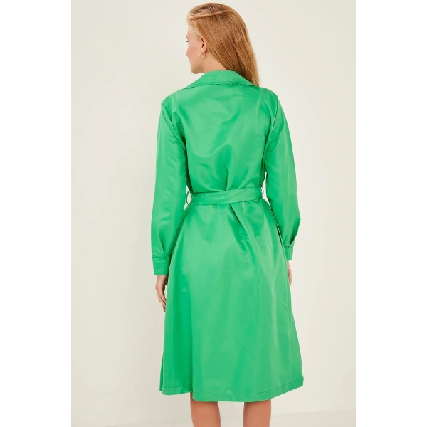 Kadın Yeşil Kruvaze Yaka Trençkot