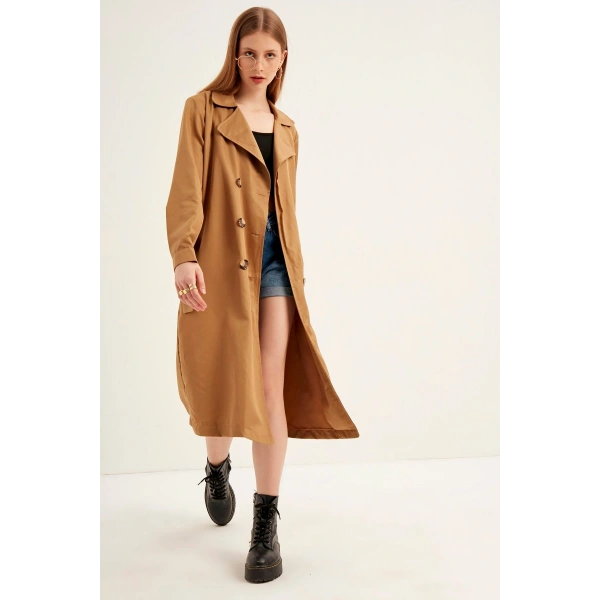 Kadın Kahve Kruvaze Yaka Trençkot