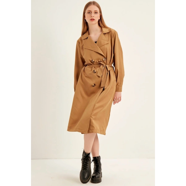 Kadın Kahve Kruvaze Yaka Trençkot