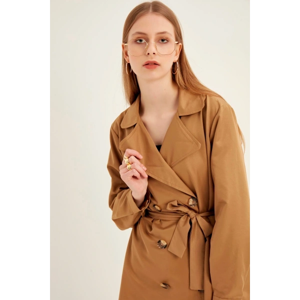 Kadın Kahve Kruvaze Yaka Trençkot
