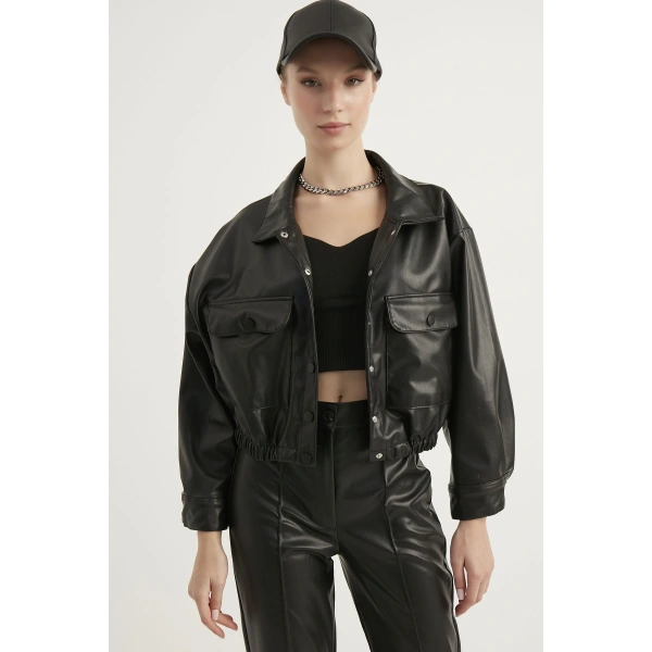 Kadın  Detaylı Suni Deri Ceket