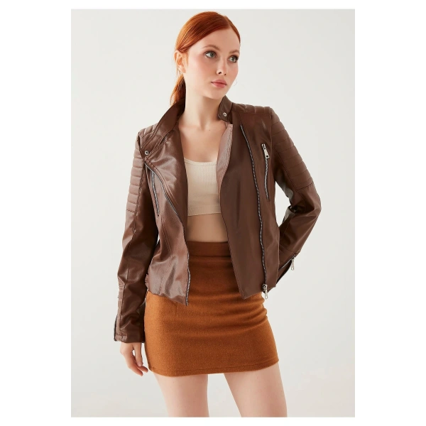 Kadın Kahve Kol Detaylı Deri Ceket