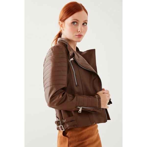 Kadın Kahve Kol Detaylı Deri Ceket