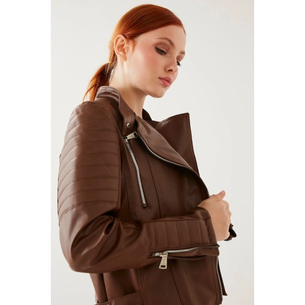 Kadın Kahve Kol Detaylı Deri Ceket