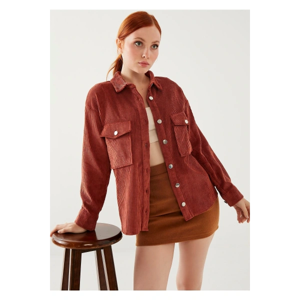 Kadın Kiremit Kadife Gömlek