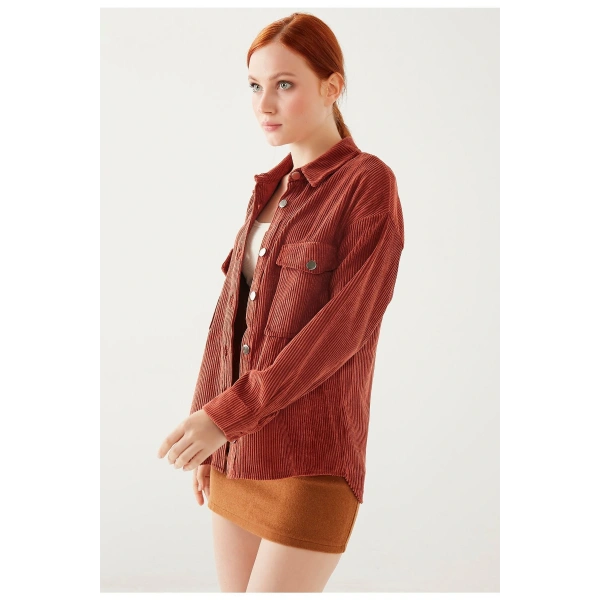 Kadın Kiremit Kadife Gömlek