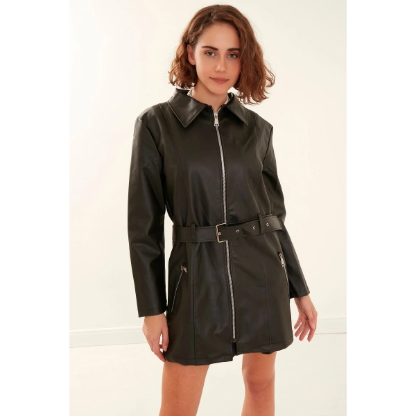 Kadın Siyah Deri Pardesü Ceket
