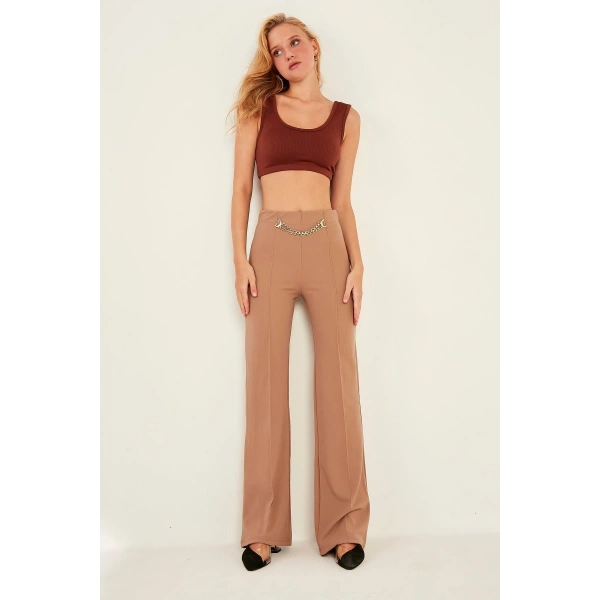 Kadın Vizon Yüksek Bel Zincir Detaylı Geniş Paça Dokuma Pantolon