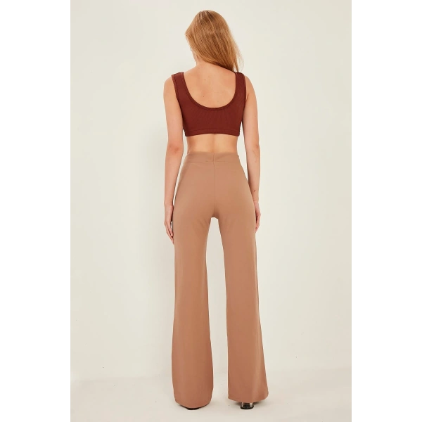 Kadın Vizon Yüksek Bel Zincir Detaylı Geniş Paça Dokuma Pantolon