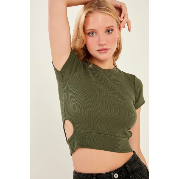 Kadın Haki Pencere Detaylı Kaşkorse Bluz