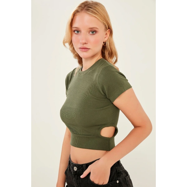 Kadın Haki Pencere Detaylı Kaşkorse Bluz