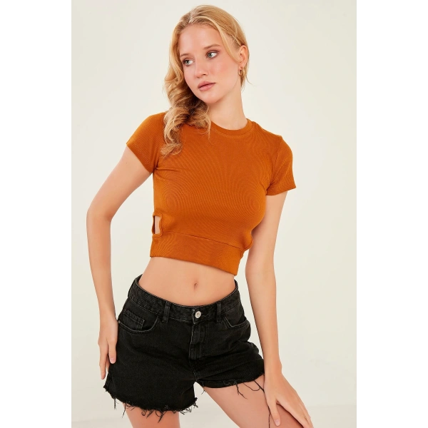 Kadın Koyu Hardal Pencere Detaylı Kaşkorse Bluz