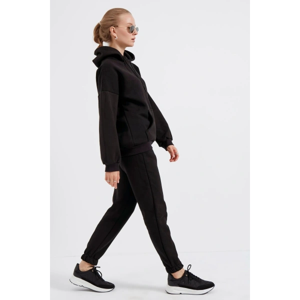 Kadın Siyah Kapüşonlu Polarlı Oversize Eşofman Takımı