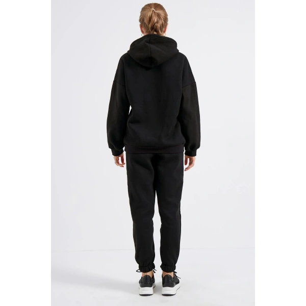 Kadın Siyah Kapüşonlu Polarlı Oversize Eşofman Takımı