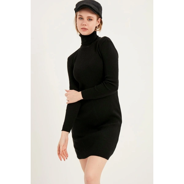 Kadın Siyah Balıkçı Yaka Triko Elbise