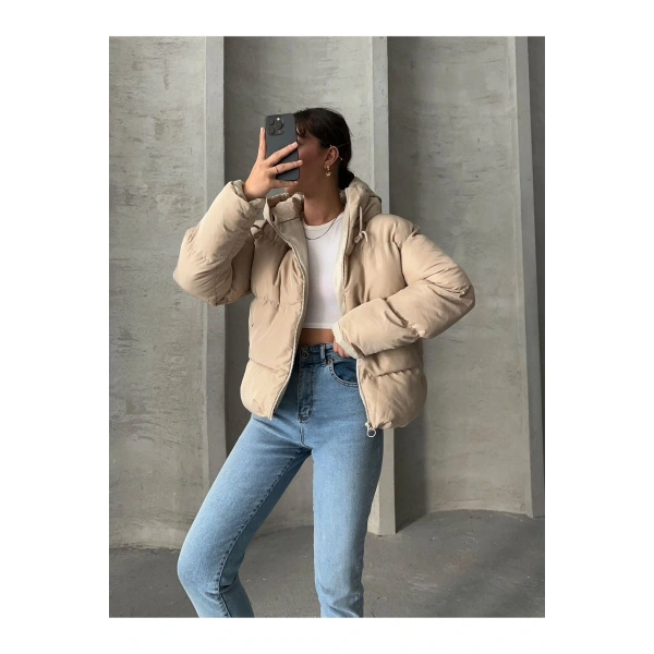 KADIN KREM KAPÜŞONLU MONT