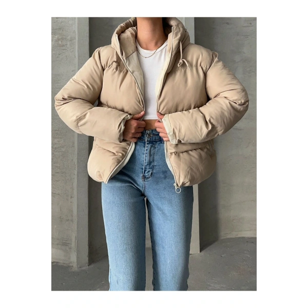 KADIN KREM KAPÜŞONLU MONT