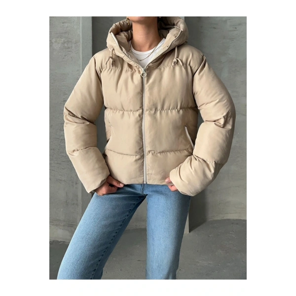 KADIN KREM KAPÜŞONLU MONT