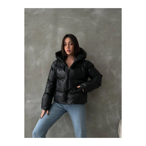 Kadın Siyah Kapüşonlu Şişme Deri Mont