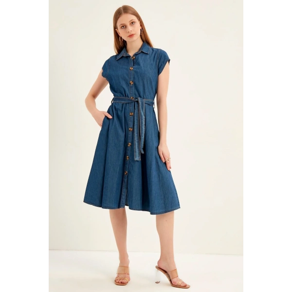 Kadın Lacivert Düğmeli Kuşaklı Kot Elbise