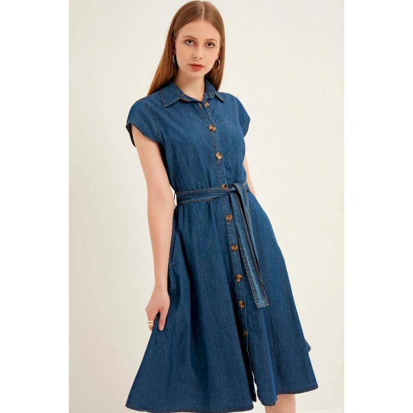 Kadın Lacivert Düğmeli Kuşaklı Kot Elbise