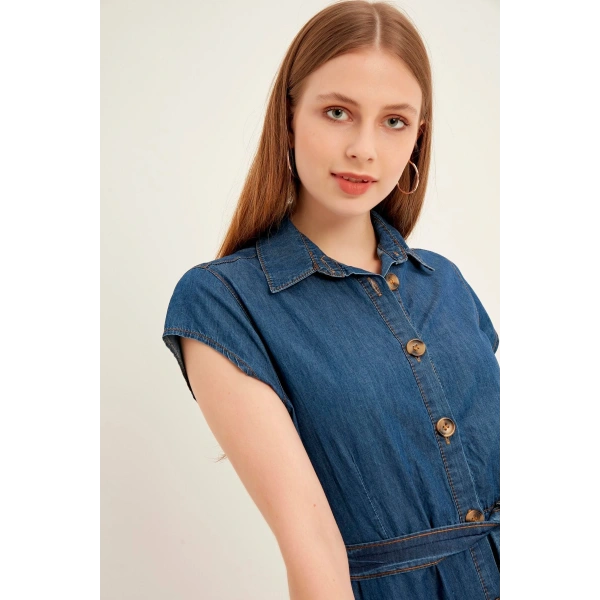 Kadın Lacivert Düğmeli Kuşaklı Kot Elbise