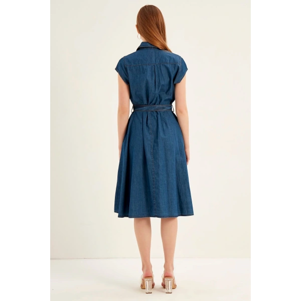 Kadın Lacivert Düğmeli Kuşaklı Kot Elbise