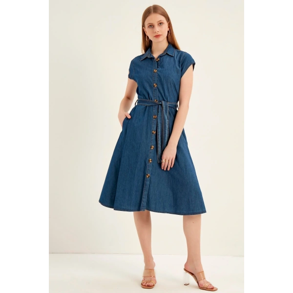 Kadın Lacivert Düğmeli Kuşaklı Kot Elbise