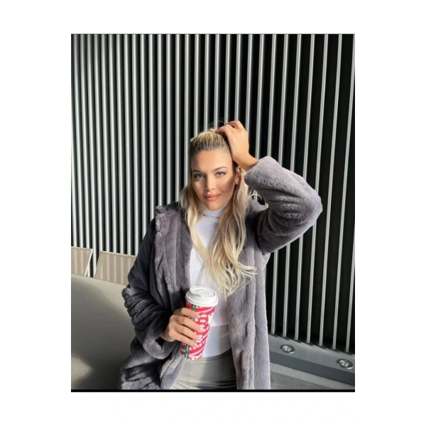 Peluş Kapüşonu Yumoş Kürk Kaban, Koyu Kahve