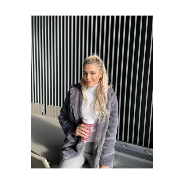 Peluş Kapüşonu Yumoş Kürk Kaban, Koyu Kahve