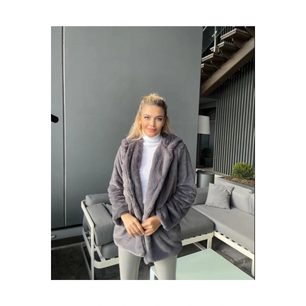 Peluş Kapüşonu Yumoş Kürk Kaban, Koyu Kahve