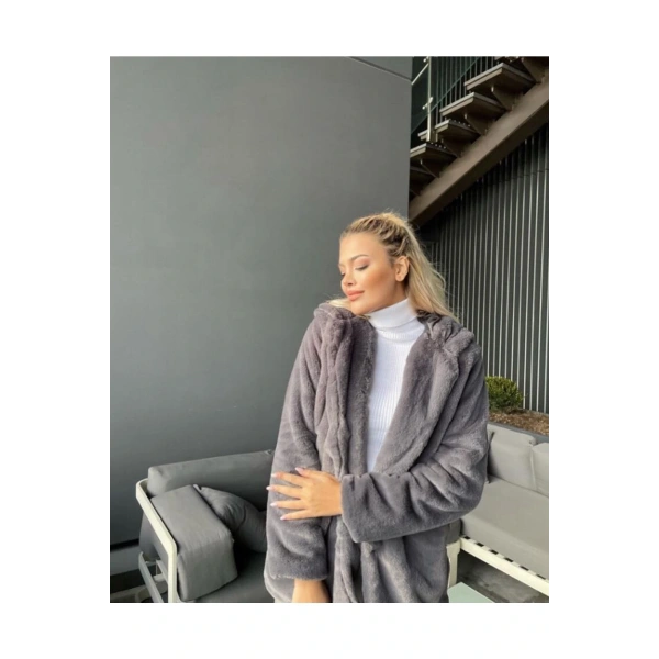 Peluş Kapüşonu Yumoş Kürk Kaban, Koyu Kahve