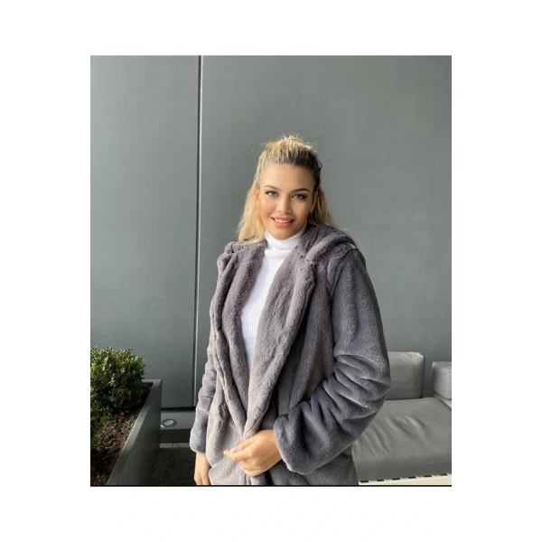 Peluş Kapüşonu Yumoş Kürk Kaban, Koyu Kahve